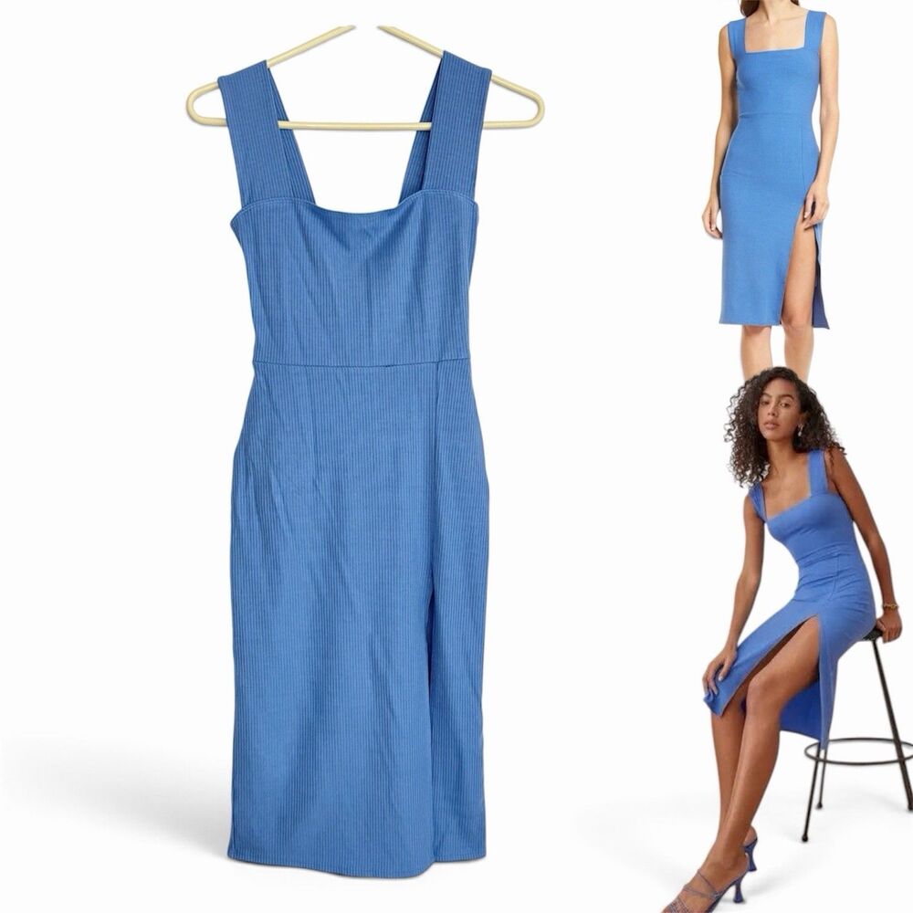 Reformation Cassi Bodycon Knee Length Dress XS Blue Square Neck Rib Knit Slit